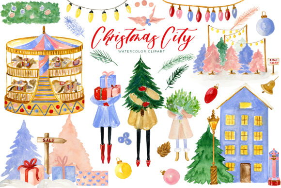 Christmas City Watercolor Clipart for Branding and Marketing