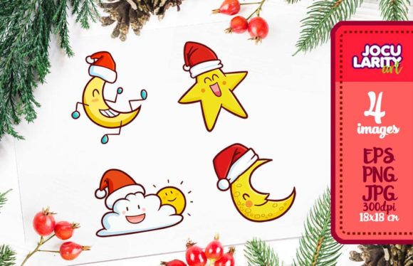 Cute Christmas Moon, Sun, and Star Illustrations