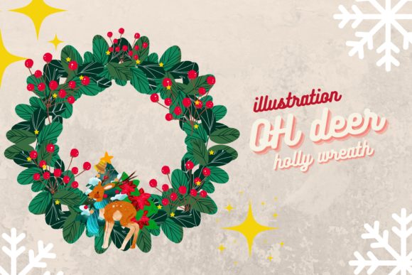 Cute Reindeer Deer and Christmas Wreath Illustrations